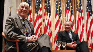 Ben Bradlee, former executive editor of The Washington Post (left) and journalist Bob Woodward talk in 2011 during the program "Remembering Watergate: A Conversation" at the Richard Nixon Presidential Library and Museum in Yorba Linda, Calif.