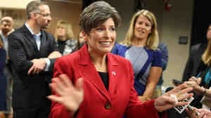 Republican senatorial candidate Joni Ernst speaks to the media after a debate. Polls show Democrat Bruce Braley running as many as 14 points ahead of Ernst among women.
