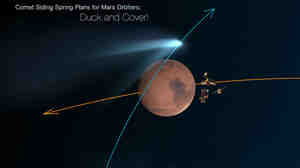 An artist's rendering of the flyby with Mars orbiters taking cover. Note that the image says "spacecraft not to scale."