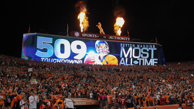 DENVER, CO - OCTOBER 19: A digital display commemorates the NFL record 509th career passing touchdown by quarterback Peyton Manning #18 of the Denver Broncos in the second quarter of a game between the Denver Broncos and the San Francisco 49ers at Sports Authority Field at Mile High on October 19, 2014 in Denver, Colorado.