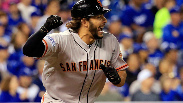 Michael Morse #38 of the San Francisco Giants reacts after hitting an RBI single in the fourth inning against the Kansas City Royals during Game One of the 2014 World Series at Kauffman Stadium on October 21, 2014 in Kansas City, Missouri.  (Photo by Rob Carr/Getty Images)