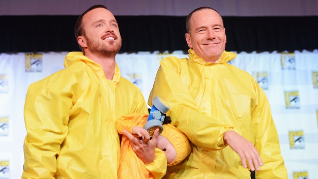 Breaking Bad stars Aaron Paul (L) and Bryan Cranston (R) speak at the 2012 Comic-Con International in San Diego. (Photo by Mark Davis/Getty Images)