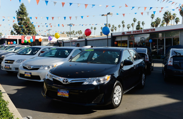 Pre-owned Toyota cars are available for sale on January 30, 2013 in Los Angeles, California. Toyota is recalling more than one million vehicles sold in the United States over faulty airbags and windshield wipers. (Photo by Kevork Djansezian/Getty Images)