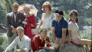 The cast of Gilligan's Island (clockwise from top left): Jim Backus, Natalie Schafer, Tina Louise, Alan Hale Jr., Dawn Wells, Bob Denver, Russell Johnson