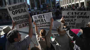 Several hundred protesters picket the opening night of the Metropolitan Opera season at Lincoln Center, Sept. 22, 2014. "You will be made to destroy that set," Jeffrey Wiesenfeld said.