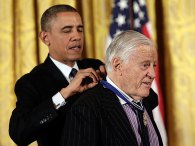 WASHINGTON, DC - NOVEMBER 20: U.S. President Barack Obama awards the Presidential Medal of Freedom to Ben Bradlee, former Executive Editor of the Washington Post, in the East Room at the White House on November 20, 2013 in Washington, DC. The Presidential Medal of Freedom is the nation's highest civilian honor, presented to individuals who have made meritorious contributions to the security or national interests of the United States, to world peace, or to cultural or other significant public or private endeavors. (credit: Win McNamee/Getty Images)