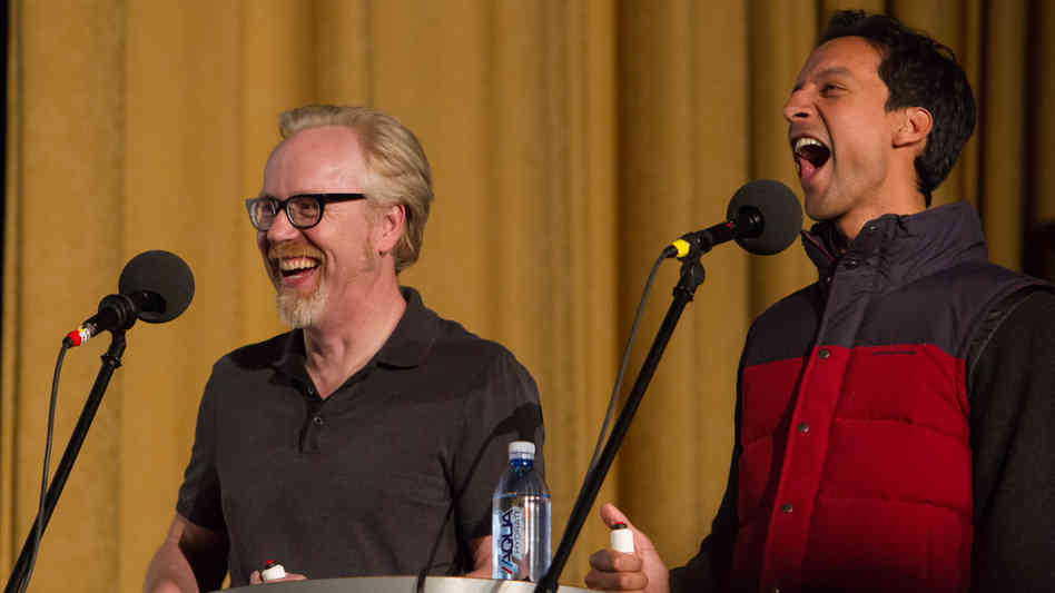 "Get off my plane!" Mythbusters' Adam Savage (left) and Community's Danny Pudi test their mettle for action movie one-liners.