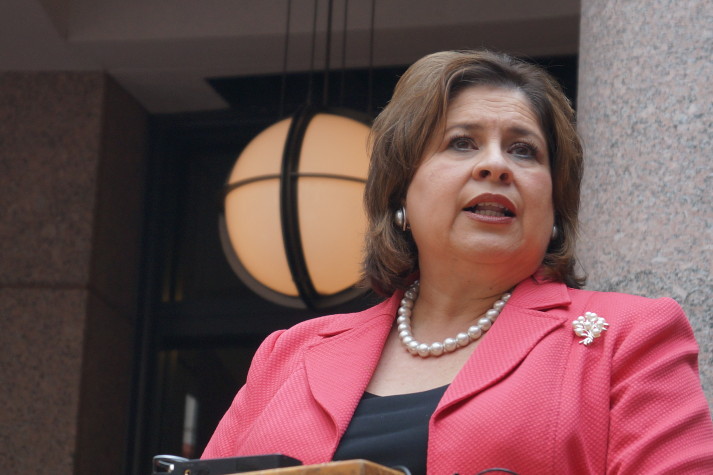 Leticia Van De Putte speaks at the Texas' capitol's outdoor rotunda at a press conference on the state's women's health programs, February 20, 2014.