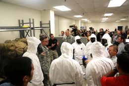 Gov. Rick Perry visiting soldiers at Fort Hood on Oct. 9, 2014. The 36th Engineering Brigade is preparing to deploy to Liberia to assist in the effort to control the Ebola outbreak.