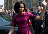 First Lady Michelle Obama leaves following a visit with French President Nicholas Sarkozy at Palais Rohan in Strasbourg on April 3, 2009.