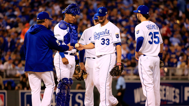 James Shields of the Kansas City Royals gets pulled out of the game in the fourth inning by manager Ned Yost against the San Francisco Giants during Game 1 of the 2014 World Series at Kauffman Stadium on October 21, 2014 in Kansas City, Missouri. (Photo by Rob Carr/Getty Images)