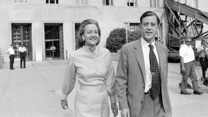 Katharine Graham, publisher of The Washington Post, and Bradlee leave U.S. District Court in Washington, D.C., on June 21, 1971. The newspaper got the go-ahead to print the Pentagon Papers.