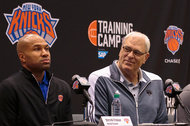 The Knicks’ president, Phil Jackson, above right with Coach Derek Fisher, declined to rebuild from scratch.