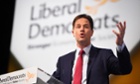 Deputy Prime Minister and Liberal Democrat leader Nick Clegg delivers his keynote speech on the last day of the Liberal Democrat Autumn conference at the SECC in Glasgow.