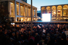 Protestors hold signs outside the Metropolitan Opera at Lincoln Center on opening night of the opera, "The Death of Klinghoffer" on October 20, 2014 in New York City. The opera has been accused of anti-Semitism and, at its opening tonight, demonstrators, including former New York City Mayor Rudy Giuliani, protested its inclusion in this year's schedule at the Metropolitan Opera.