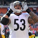  The Steelers' Maurkice Pouncey barks at the Dawg Pound as his team warms up before its game against the Browns at FirstEnergy Stadium in Cleveland.