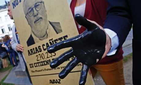 A protest against climate and energy commissioner-designate Miguel Arias Canete outside the European Parliament in Brussels