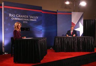 State Sen. Wendy Davis and Attorney General Greg Abbott before their debate at the Edinburg Conference Center at Renaissance in Edinburg on Sept. 19, 2014.