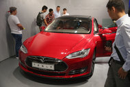 A Tesla Model S at a trade fair in Germany.