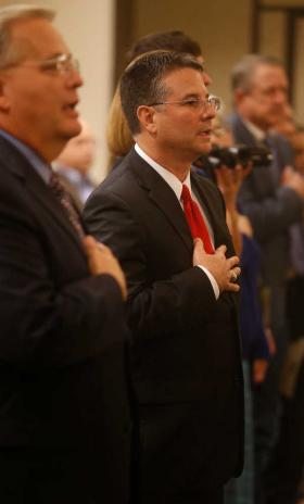 Texas Sen. Charles Perry stands during a swearing-in ceremony on Tuesday in Lubbock.  Zach Long / A-J Media