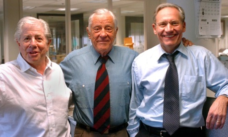 Ben Bradlee, centre, with Watergate reporters Carl Bernstein, left, and Bob Woodward in 2005.