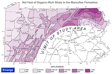 Thickness of organic-rich shale within the Marcellus in Pennsylvania