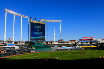Members of the San Francisco Giants work out at Kansas City's Kauffman Stadium on Monday. (Rob Carr/Getty Images)