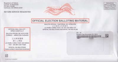 An Alameda County mail-in ballot, with incorrect date of 2014 general election showing in address window at lower right.