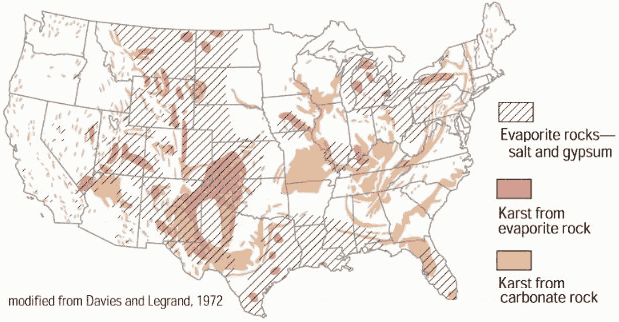 Map of the United States showing areas where rock that are prone to dissolution and sinkholes are prevalent. 