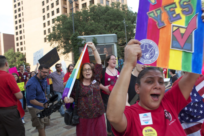 March in favor of a non-discrimination ordinance outside San Antonio City Council meeting.