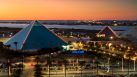 View of the three illuminated pyramids during the Festival of Lights at Moody Gardens in Galveston, Texas during the Christmas Season photographed at dusk from atop the Moody Gardens Hotel.  The Festival of Lights includes a mile-long trail of more than a million lights.