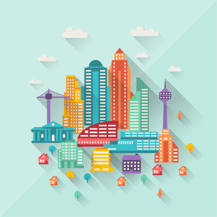 Cityscape illustration with buildings in flat design style.