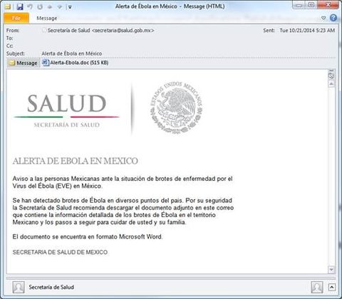 A fake email purporting to be from the Mexican government warning of Ebola risks baited victims into downloading malware.