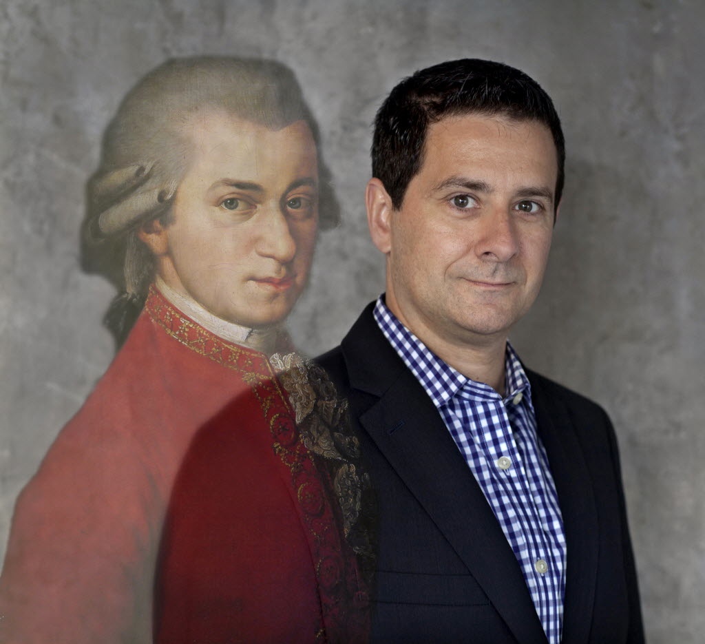 Wolfgang Amadeus Mozart and Kevin Moriarty. Digitally blended photo illustration by Nan Coulter