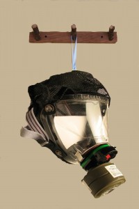 hanging gas mask on hook