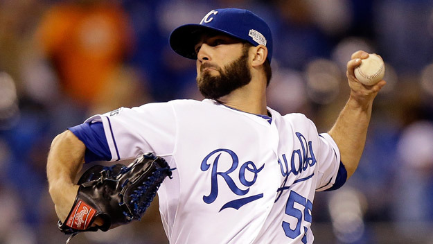 KANSAS CITY, MO - OCTOBER 28: Tim Collins #55 of the Kansas City Royals pitches against the San Francisco Giants during Game Six of the 2014 World Series at Kauffman Stadium on October 28, 2014 in Kansas City, Missouri.