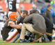 Tight end Jordan Cameron #84 of the Cleveland Browns sits on the field after taking a hard hit during the first half against the Oakland Raiders at FirstEnergy Stadium in Cleveland, Ohio. Cameron left the game after the play. (Photo by Jason Miller/Getty Images)