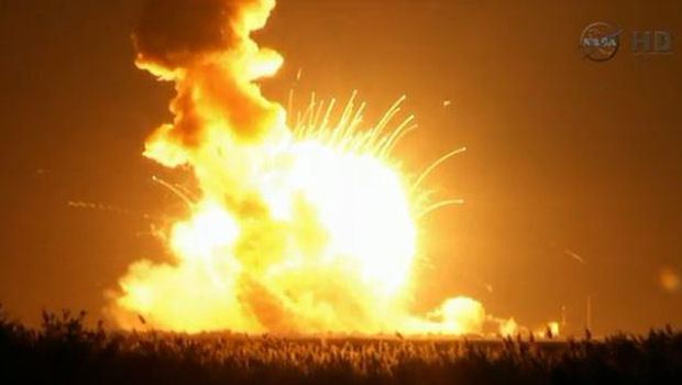 The unmanned Orbital Sciences Corp.'s Antares rocket explodes moments after liftoff over the launch complex at Wallops Island, Virginia. (NASA)
