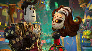 Manolo (voiced by Diego Luna, left) meets Carmen Sanchez (voiced by Ana de la Reguera) in the Land of the Remembered.
