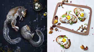 Left, gray squirrel. Right, crostini with squirrel meat, white mulberry, goat cheese, hazelnut and purslane.