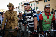 Cyclists lined up at L’Eroica’s starting line in Chianti, Italy, for the short races. L’Eroica offers four routes of increasing difficulty from 38 kilometers (23.6 miles) to 205 kilometers (127.4 miles). 