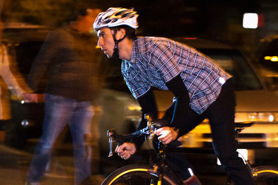 A cyclist wearing reflective clothing sold at Betabrand’s bike-to-work web store.