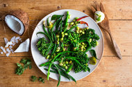 A salad from Yotam Ottolenghi mixes broccoli and edamame with coconut and curry leaves.