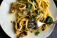 Melissa Clark caramelizes lemons and adds them to linguine with parsley and celery leaves.
