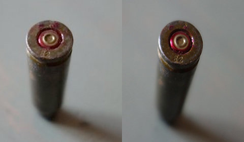 An expended rifle cartridge removed from bloody puddle, before, left, and after cleaning, which showed that it had been manufactured in Ulyanovsk, the city of Lenin’s birth, in 1982.