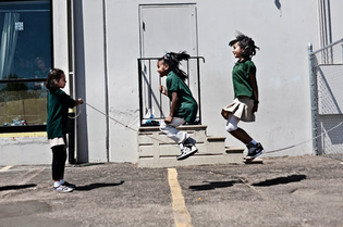Fifth-grade students at AXL Academy in Aurora, Colo., which employs coaches from <a href="http://www.playworks.org/">Playworks</a> to oversee recess.