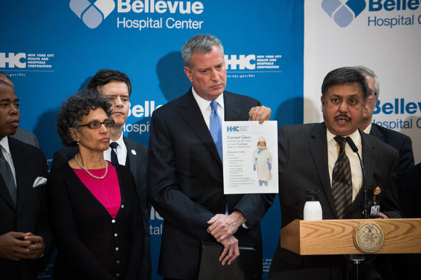Mayor Bill de Blasio and health officials at Bellevue Hospital Center on Sunday.