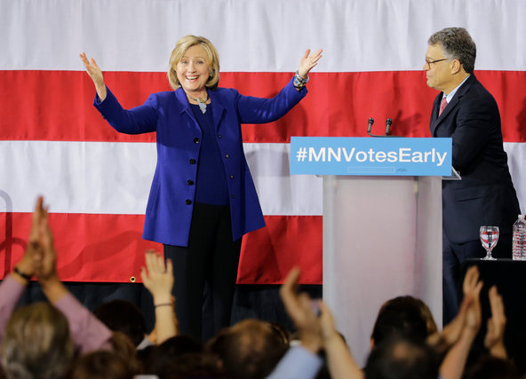 Hillary Clinton at a rally for Senator Al Franken, whom she praised for pushing for greater financial oversight.