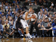 Dirk Nowitzki posts up against Zach Randolph of the Memphis Grizzlies Monday night at the American Airlines Center.  (Photo by Glenn James/NBAE via Getty Images)