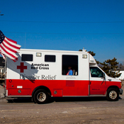 In the aftermath of Superstorm Sandy, a former Red Cross official says, as many as 40 percent of the organization's emergency vehicles were assigned for public relations purposes. This photo, which shows one of the trucks in Long Island, N.Y., in January 2013, is one example of the many publicity photos taken by the Red Cross.